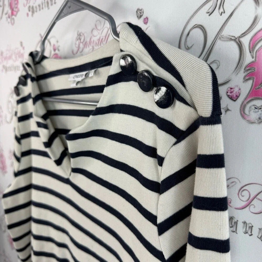 Chico's pull over shirt buttons, navy Black and White Striped Long Sleeve Top
